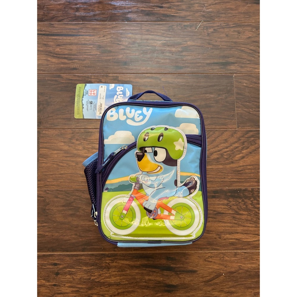 Bluey Kids Insulated Lunch Bag Blue Bike Riding Graphic School Lunchbox NWT - Picture 1 of 7